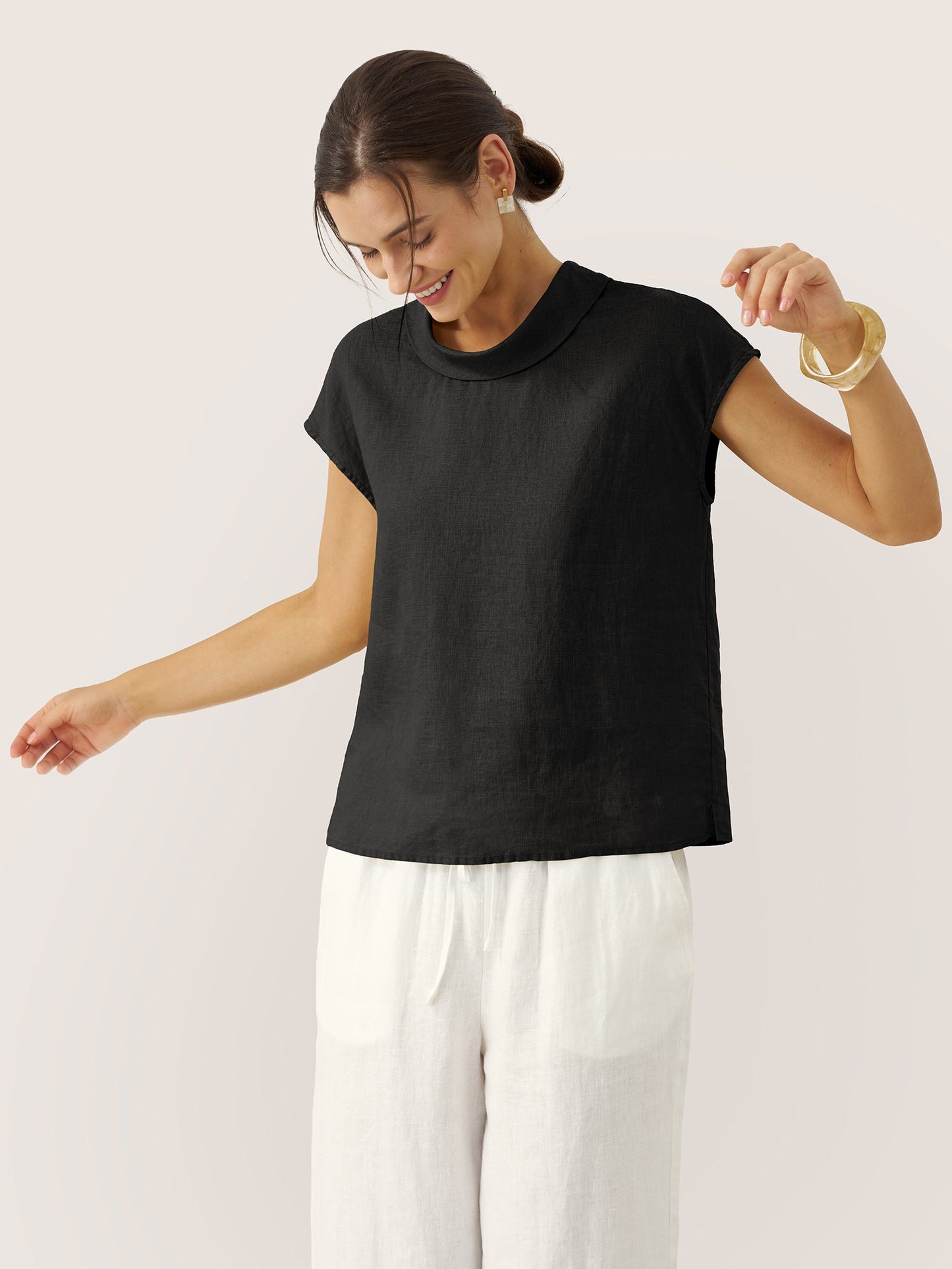 Damen-Leinentop mit Flügelärmeln und Umlegekragen-Tops for women-Alpenkind