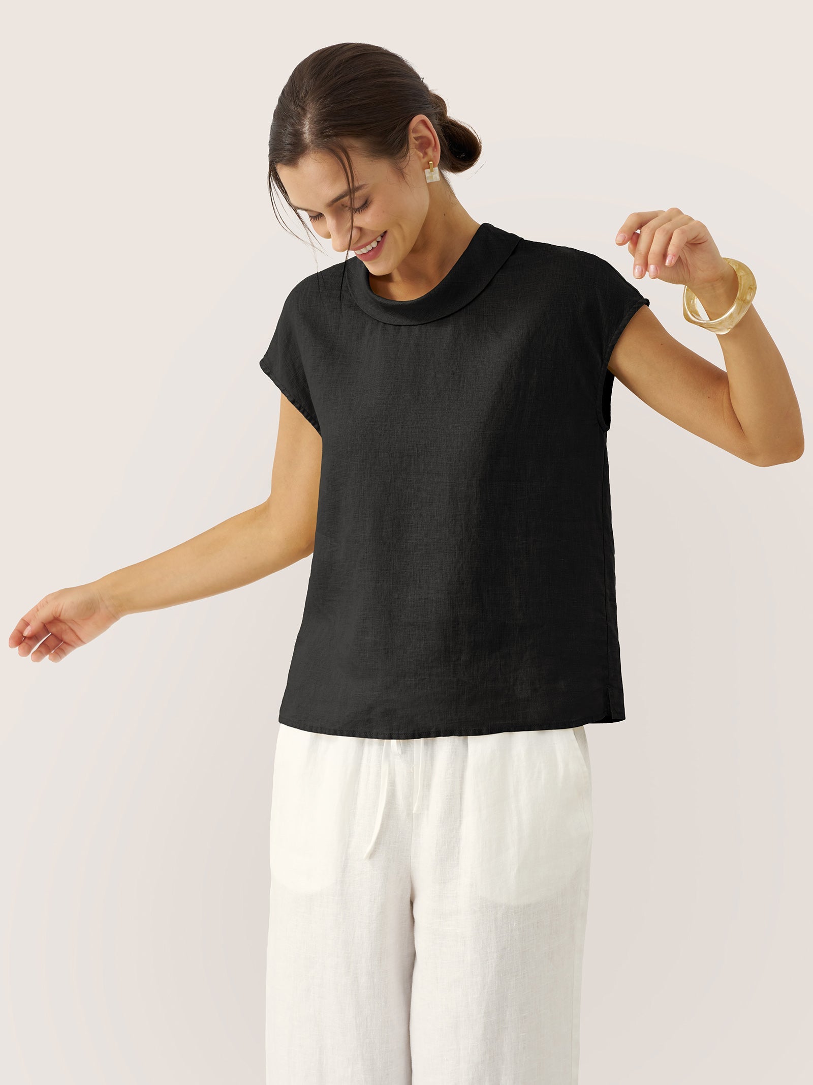 Damen-Leinentop mit Flügelärmeln und Umlegekragen-Tops for women-Alpenkind