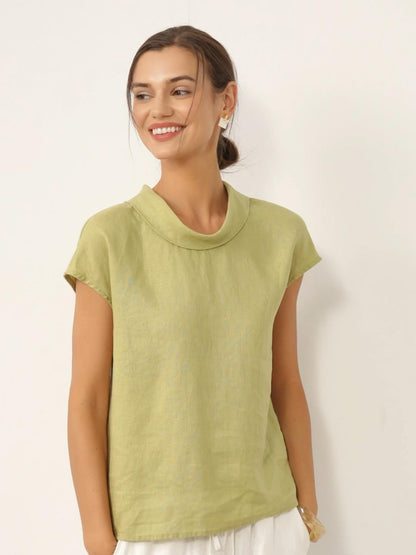 Damen-Leinentop mit Flügelärmeln und Umlegekragen-Tops for women-Alpenkind