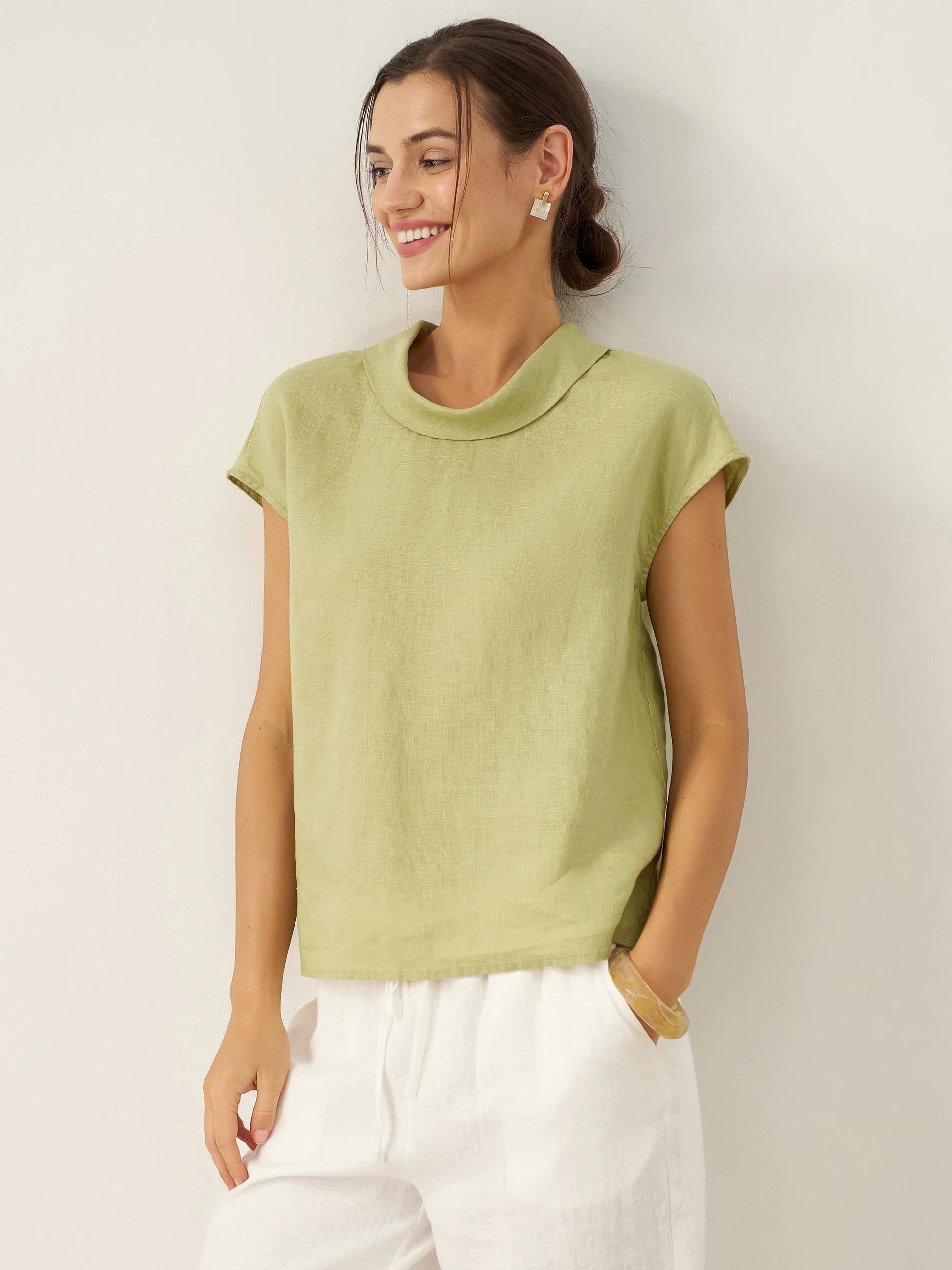 Damen-Leinentop mit Flügelärmeln und Umlegekragen-Tops for women-Alpenkind