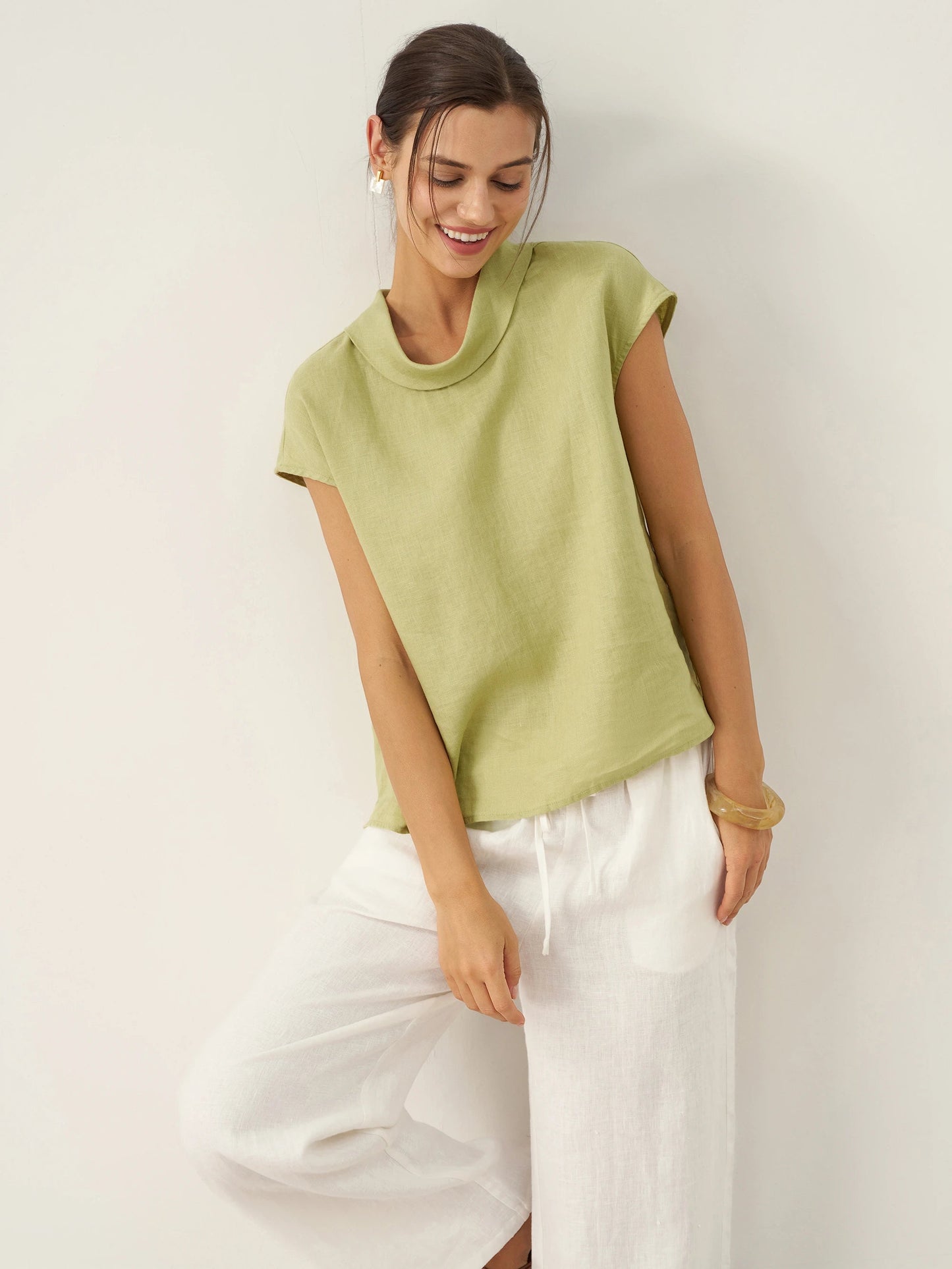 Damen-Leinentop mit Flügelärmeln und Umlegekragen-Tops for women-Alpenkind