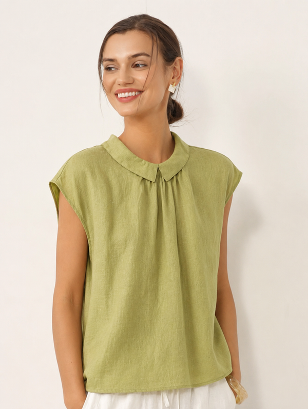 Damen-Leinentop mit Flügelärmeln und Umlegekragen-Tops for women-Alpenkind
