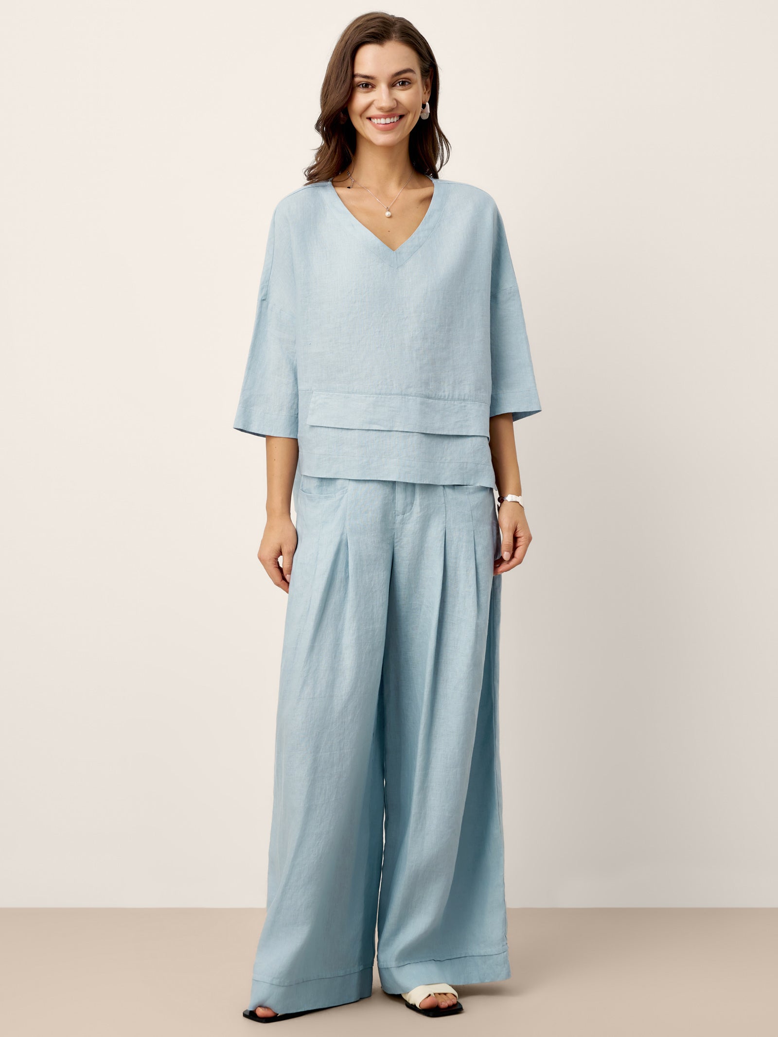 Damen-Leinentop mit V-Ausschnitt und Lagen-Saum-Tops for women-Alpenkind
