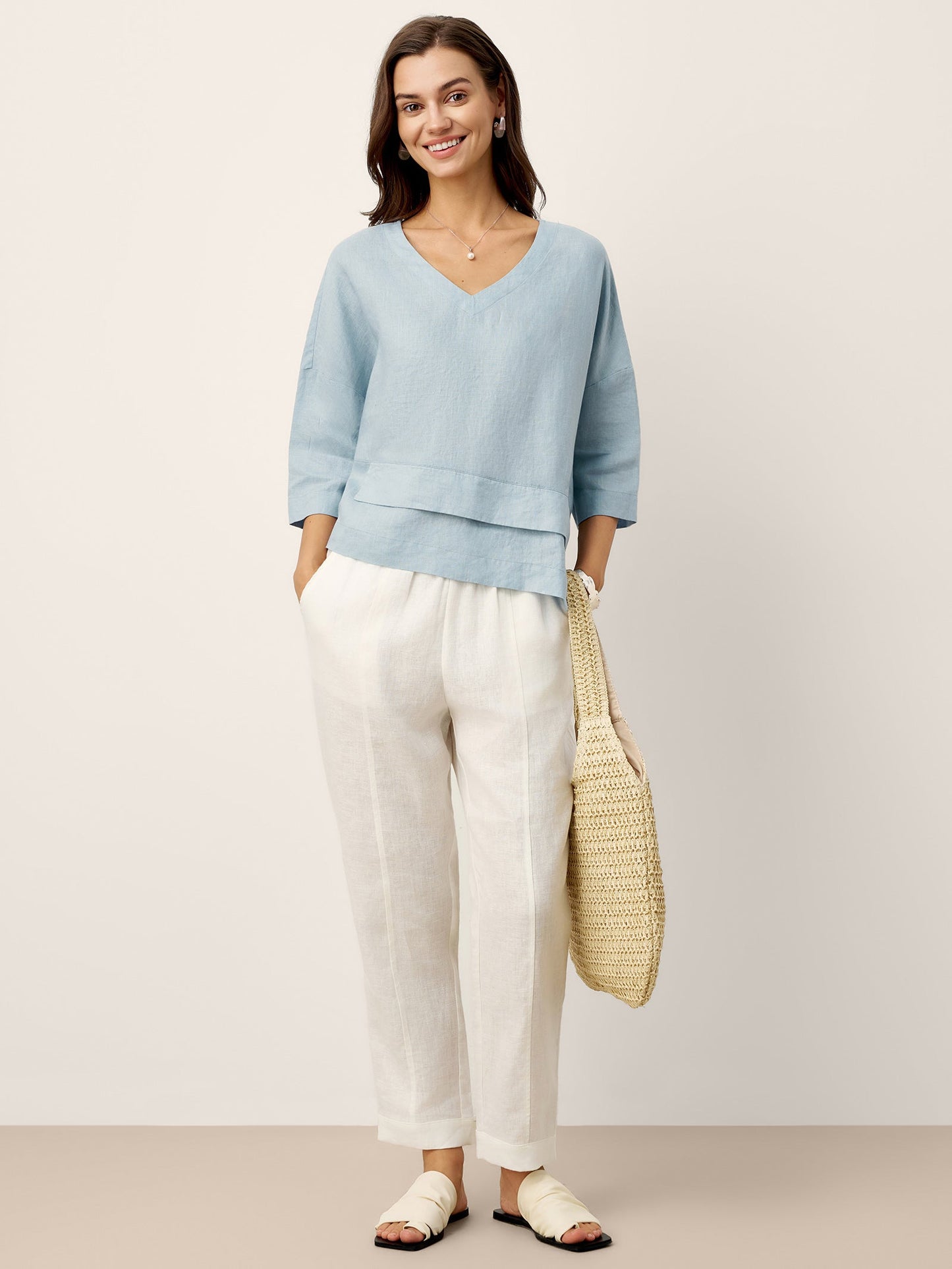 Damen-Leinentop mit V-Ausschnitt und Lagen-Saum-Tops for women-Alpenkind