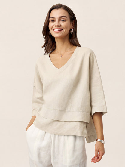 Damen-Leinentop mit V-Ausschnitt und Lagen-Saum-Tops for women-Alpenkind
