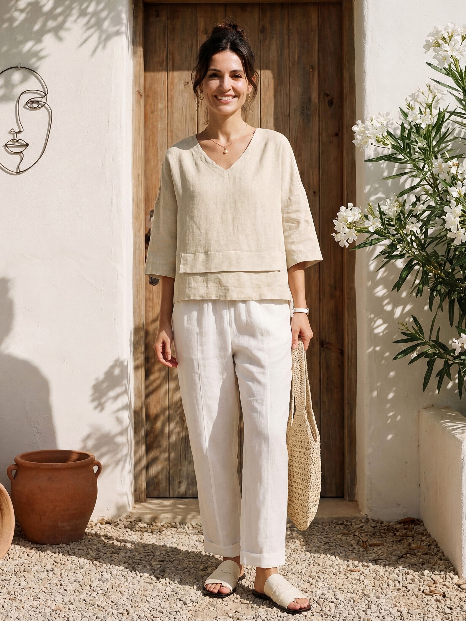 Damen-Leinentop mit V-Ausschnitt und Lagen-Saum-Tops for women-Alpenkind