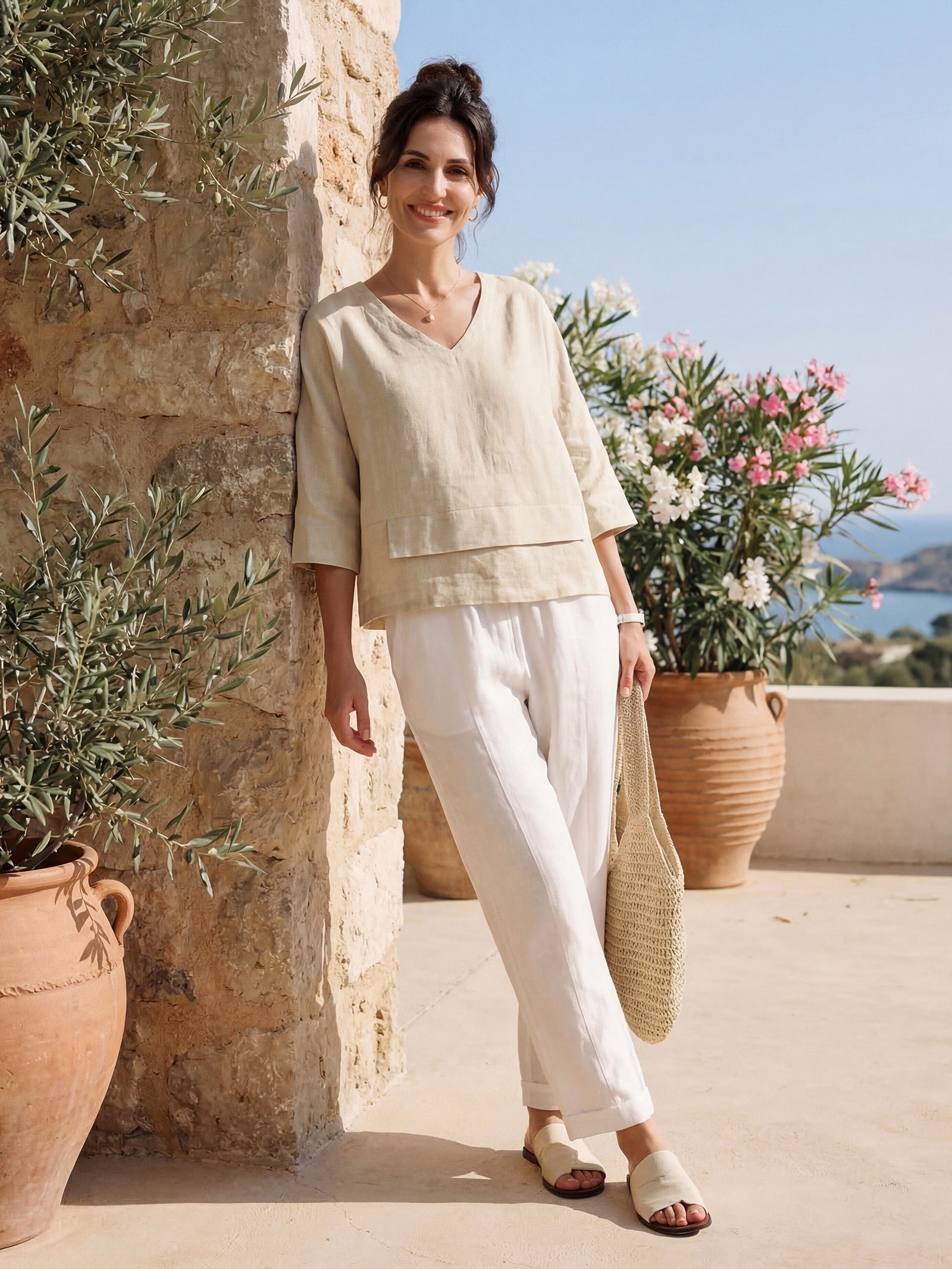Damen-Leinentop mit V-Ausschnitt und Lagen-Saum-Tops for women-Alpenkind