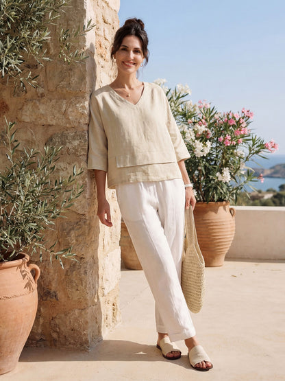Damen-Leinentop mit V-Ausschnitt und Lagen-Saum-Tops for women-Alpenkind
