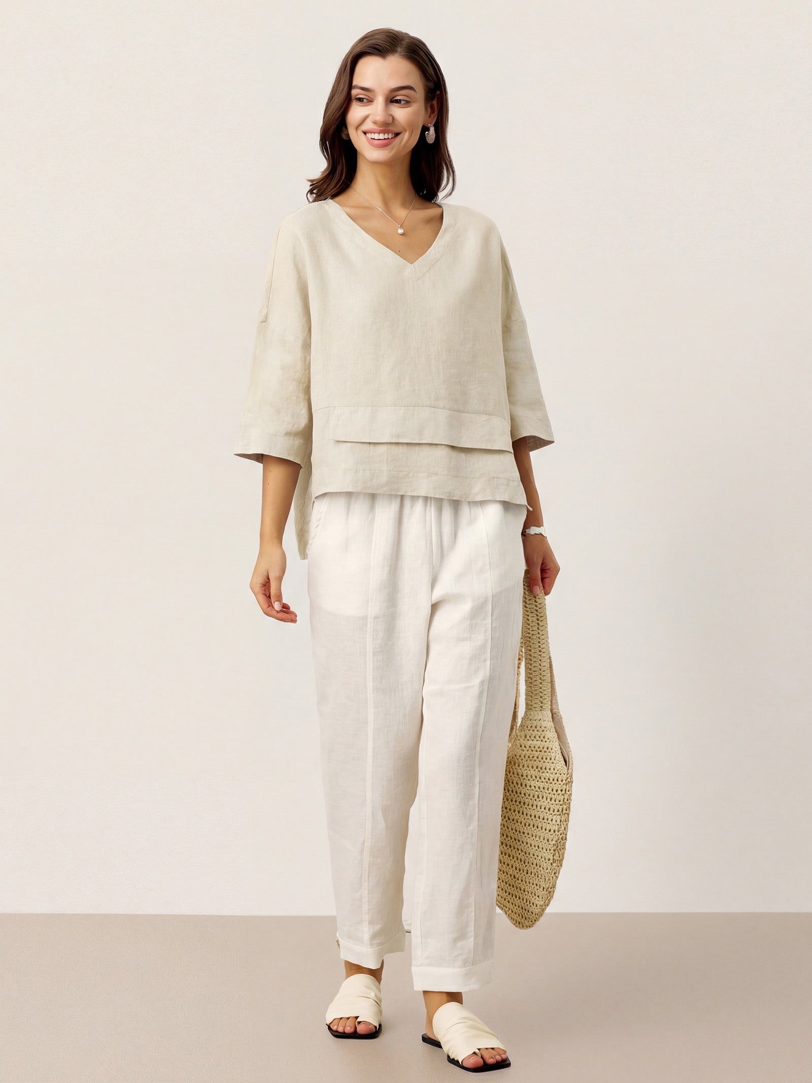 Damen-Leinentop mit V-Ausschnitt und Lagen-Saum-Tops for women-Alpenkind