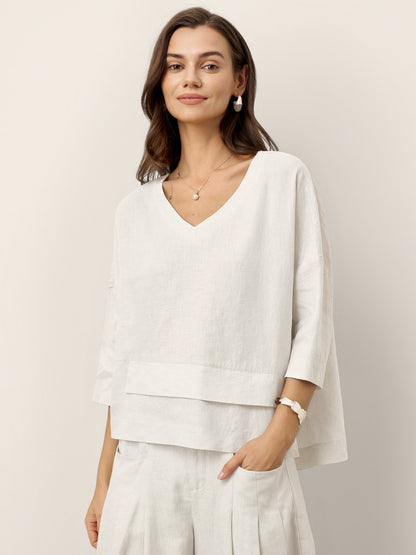 Damen-Leinentop mit V-Ausschnitt und Lagen-Saum-Tops for women-Alpenkind