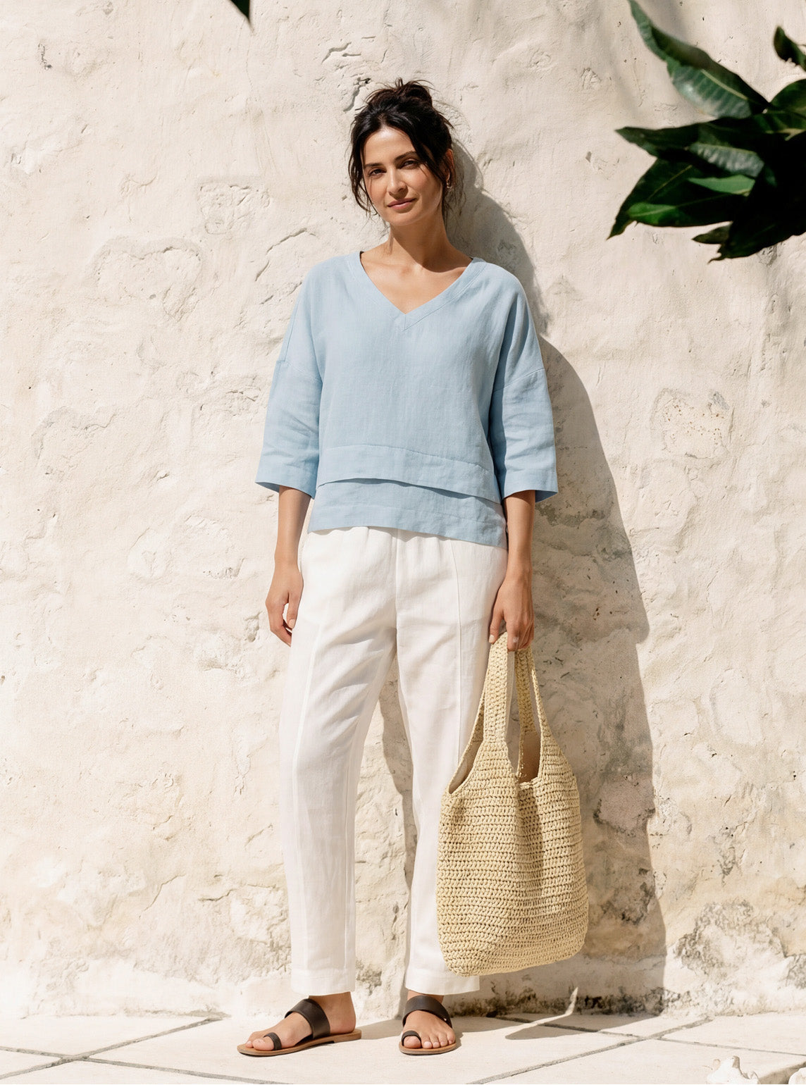 Damen-Leinentop mit V-Ausschnitt und Lagen-Saum-Tops for women-Alpenkind