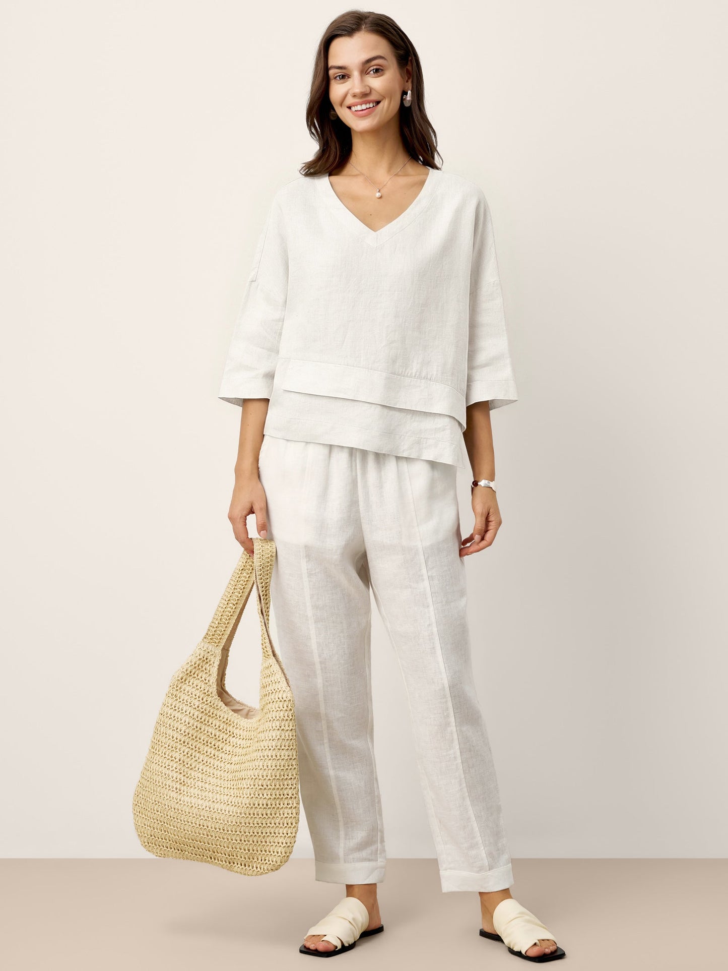 Damen-Leinentop mit V-Ausschnitt und Lagen-Saum-Tops for women-Alpenkind