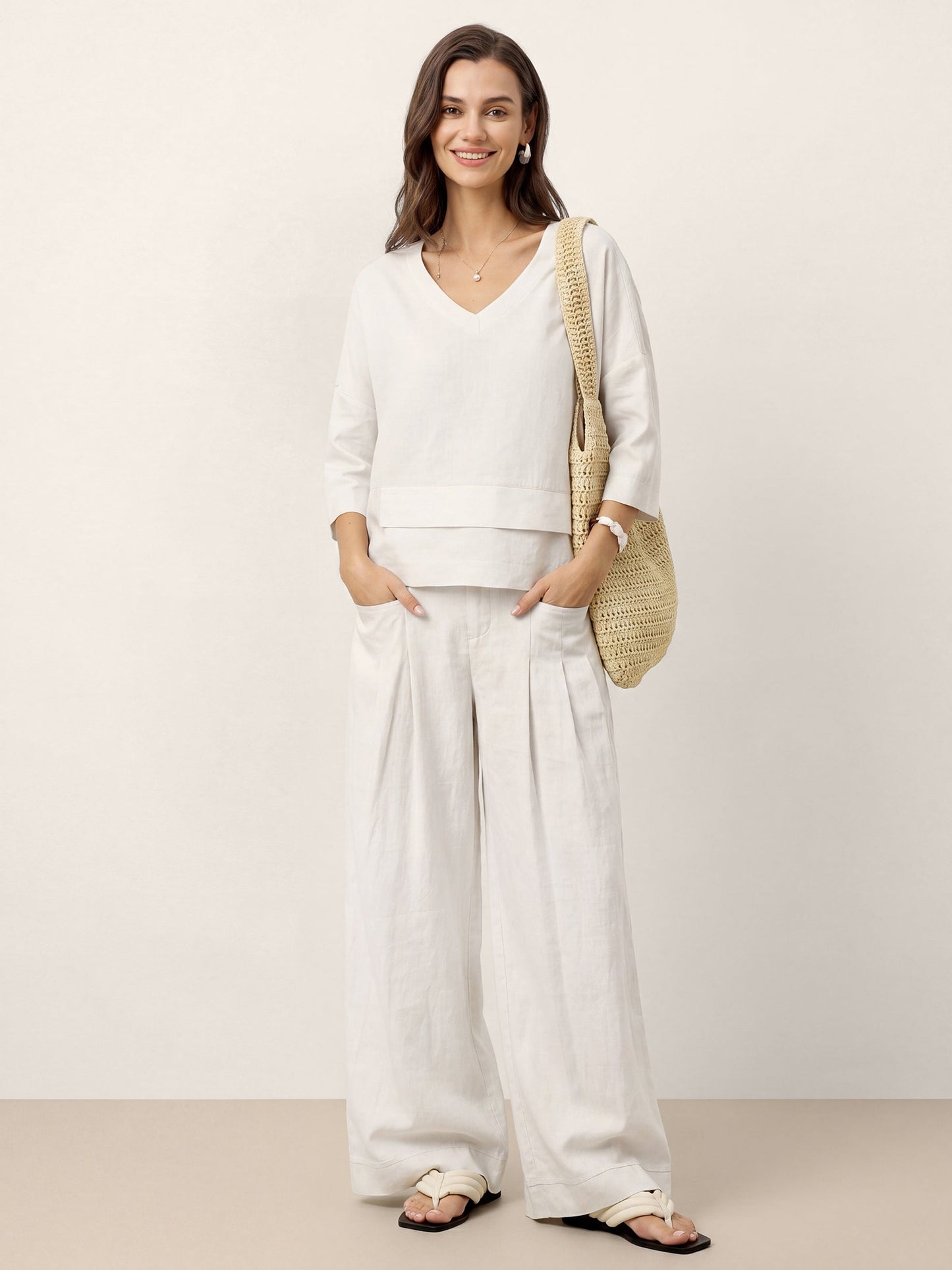 Damen-Leinentop mit V-Ausschnitt und Lagen-Saum-Tops for women-Alpenkind