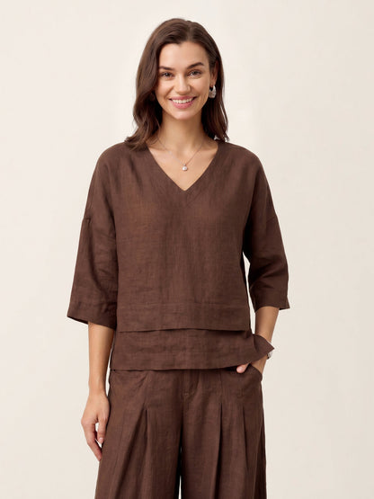 Damen-Leinentop mit V-Ausschnitt und Lagen-Saum-Tops for women-Alpenkind