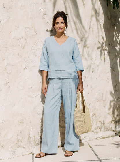 Damen-Leinentop mit V-Ausschnitt und Lagen-Saum-Tops for women-Alpenkind