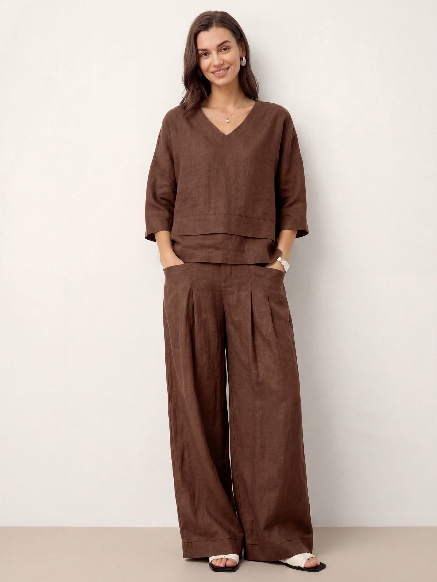 Damen-Leinentop mit V-Ausschnitt und Lagen-Saum-Tops for women-Alpenkind