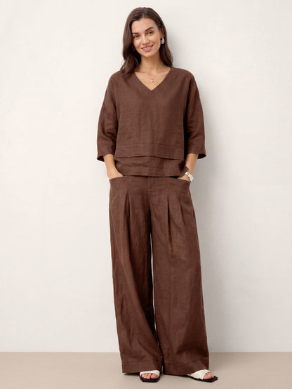 Damen-Leinentop mit V-Ausschnitt und Lagen-Saum-Tops for women-Alpenkind