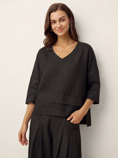 Damen-Leinentop mit V-Ausschnitt und Lagen-Saum-Tops for women-Alpenkind