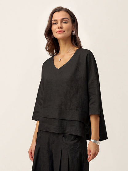 Damen-Leinentop mit V-Ausschnitt und Lagen-Saum-Tops for women-Alpenkind