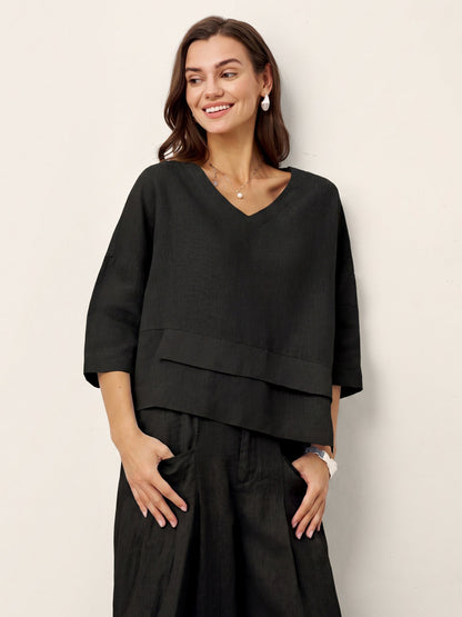 Damen-Leinentop mit V-Ausschnitt und Lagen-Saum-Tops for women-Alpenkind