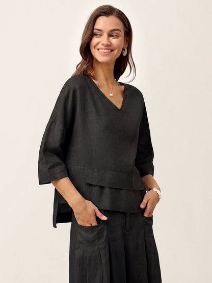 Damen-Leinentop mit V-Ausschnitt und Lagen-Saum-Tops for women-Alpenkind