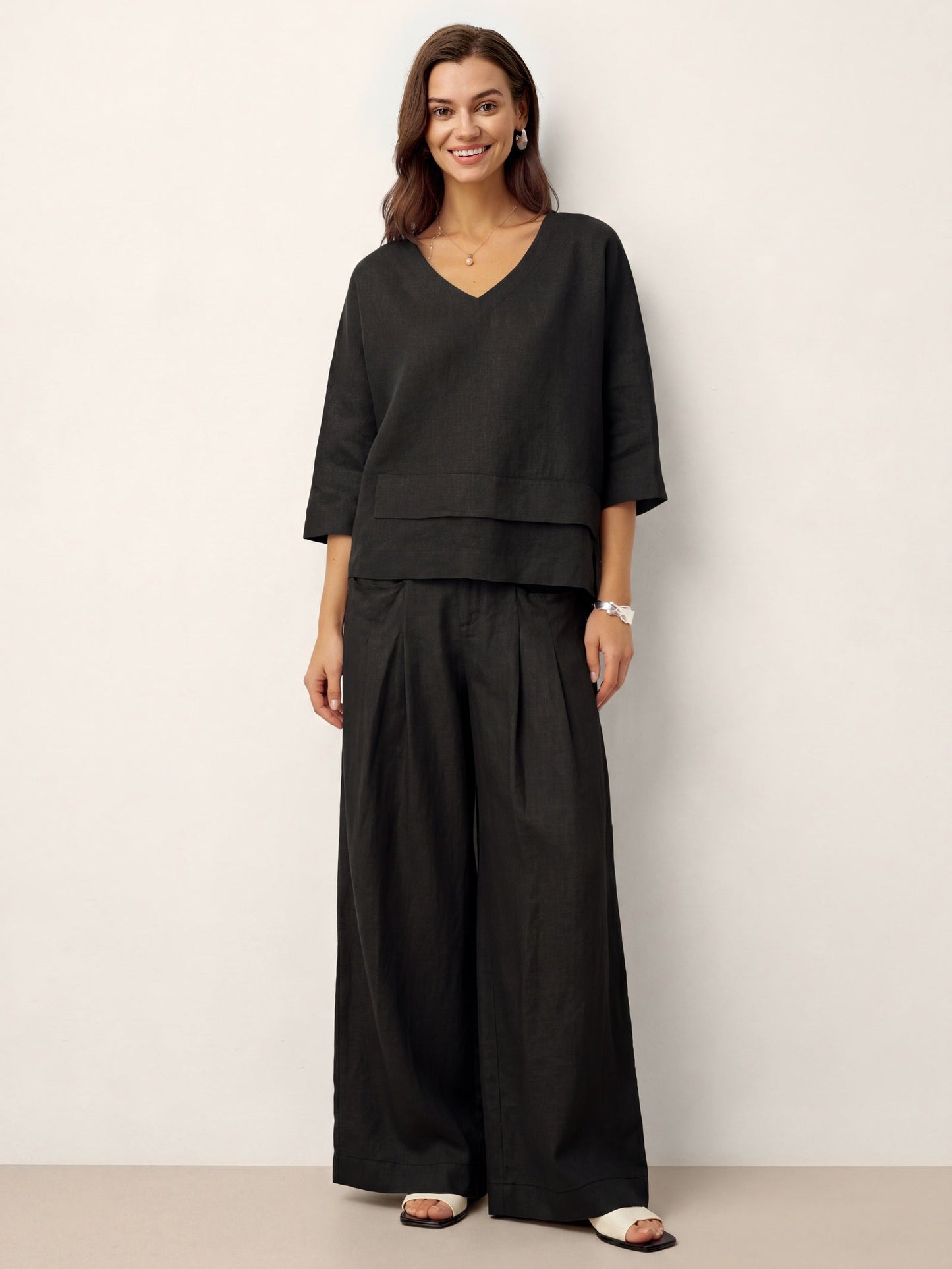 Damen-Leinentop mit V-Ausschnitt und Lagen-Saum-Tops for women-Alpenkind