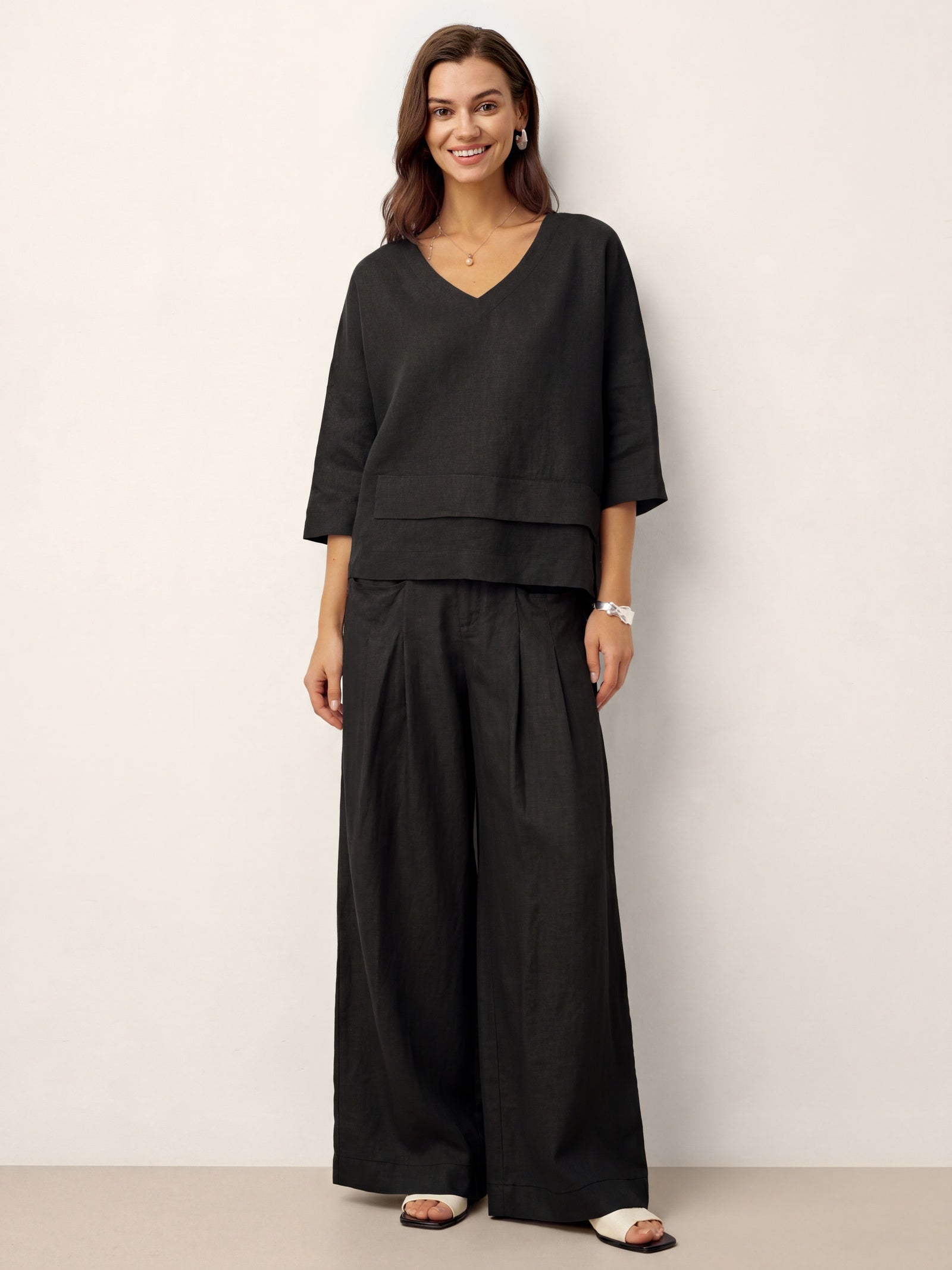 Damen-Leinentop mit V-Ausschnitt und Lagen-Saum-Tops for women-Alpenkind