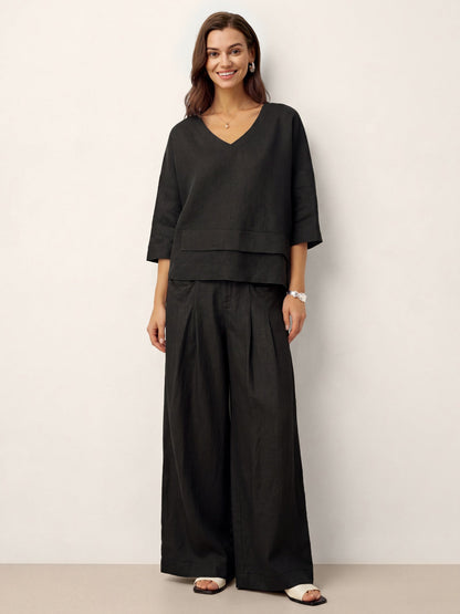 Damen-Leinentop mit V-Ausschnitt und Lagen-Saum-Tops for women-Alpenkind