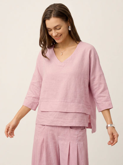 Damen-Leinentop mit V-Ausschnitt und Lagen-Saum-Tops for women-Alpenkind