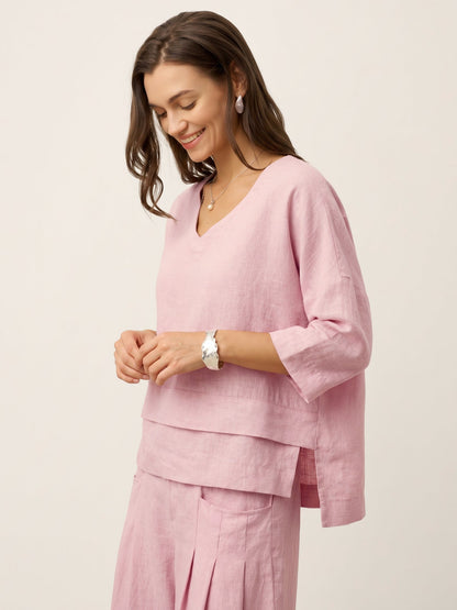 Damen-Leinentop mit V-Ausschnitt und Lagen-Saum-Tops for women-Alpenkind