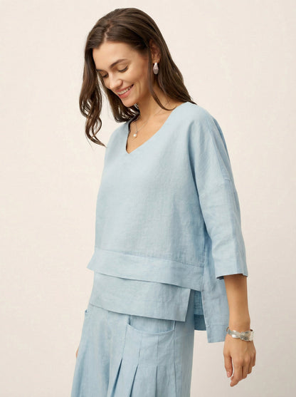 Damen-Leinentop mit V-Ausschnitt und Lagen-Saum-Tops for women-Alpenkind