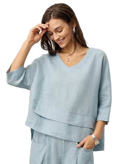 Damen-Leinentop mit V-Ausschnitt und Lagen-Saum-Tops for women-Alpenkind