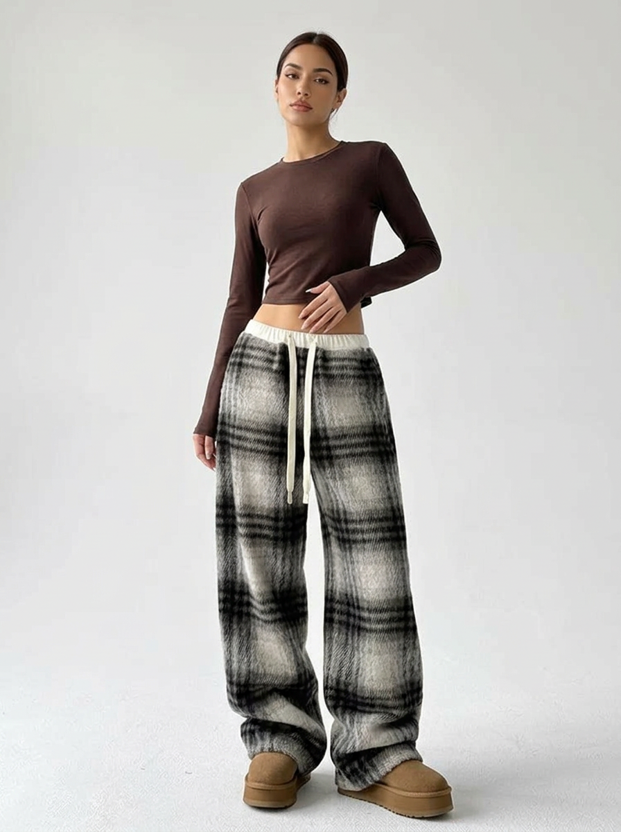 Damen-Loungehose mit weitem Bein und Karomuster-Pants for Women-Alpenkind
