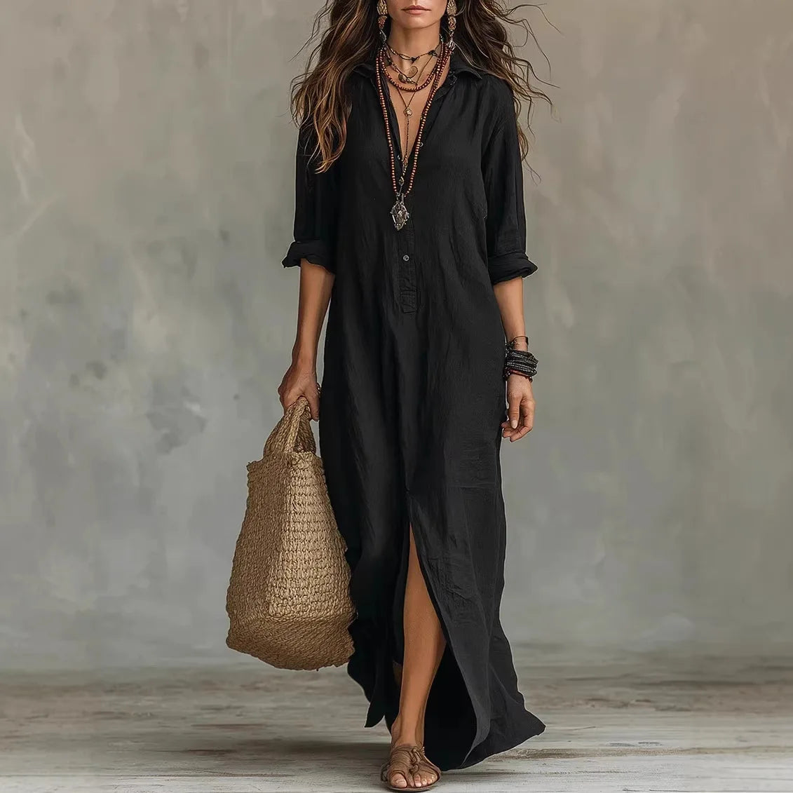 Damen Maxi-Hemdblusenkleid mit langen Ärmeln und Knopfleiste-Maxi Dress-Alpenkind