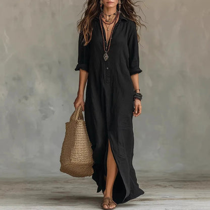 Damen Maxi-Hemdblusenkleid mit langen Ärmeln und Knopfleiste-Maxi Dress-Alpenkind