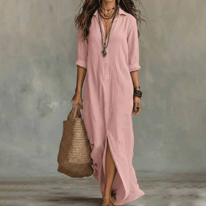 Damen Maxi-Hemdblusenkleid mit langen Ärmeln und Knopfleiste-Maxi Dress-Alpenkind