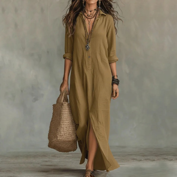 Damen Maxi-Hemdblusenkleid mit langen Ärmeln und Knopfleiste-Maxi Dress-Alpenkind