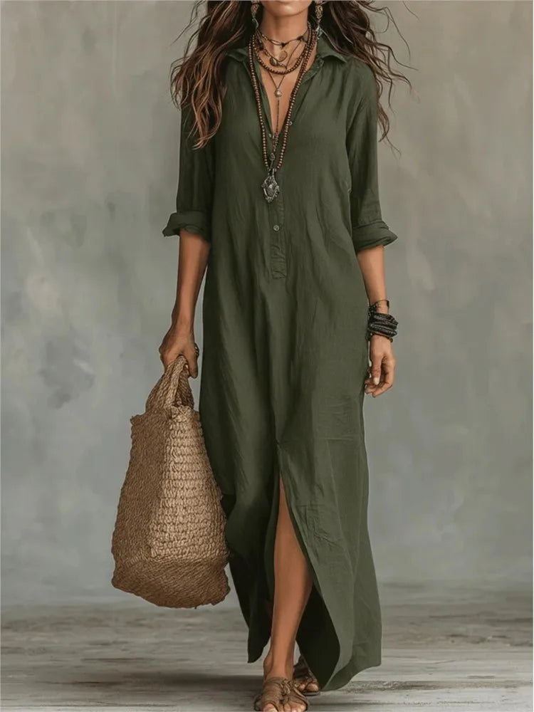 Damen Maxi-Hemdblusenkleid mit langen Ärmeln und Knopfleiste-Maxi Dress-Alpenkind