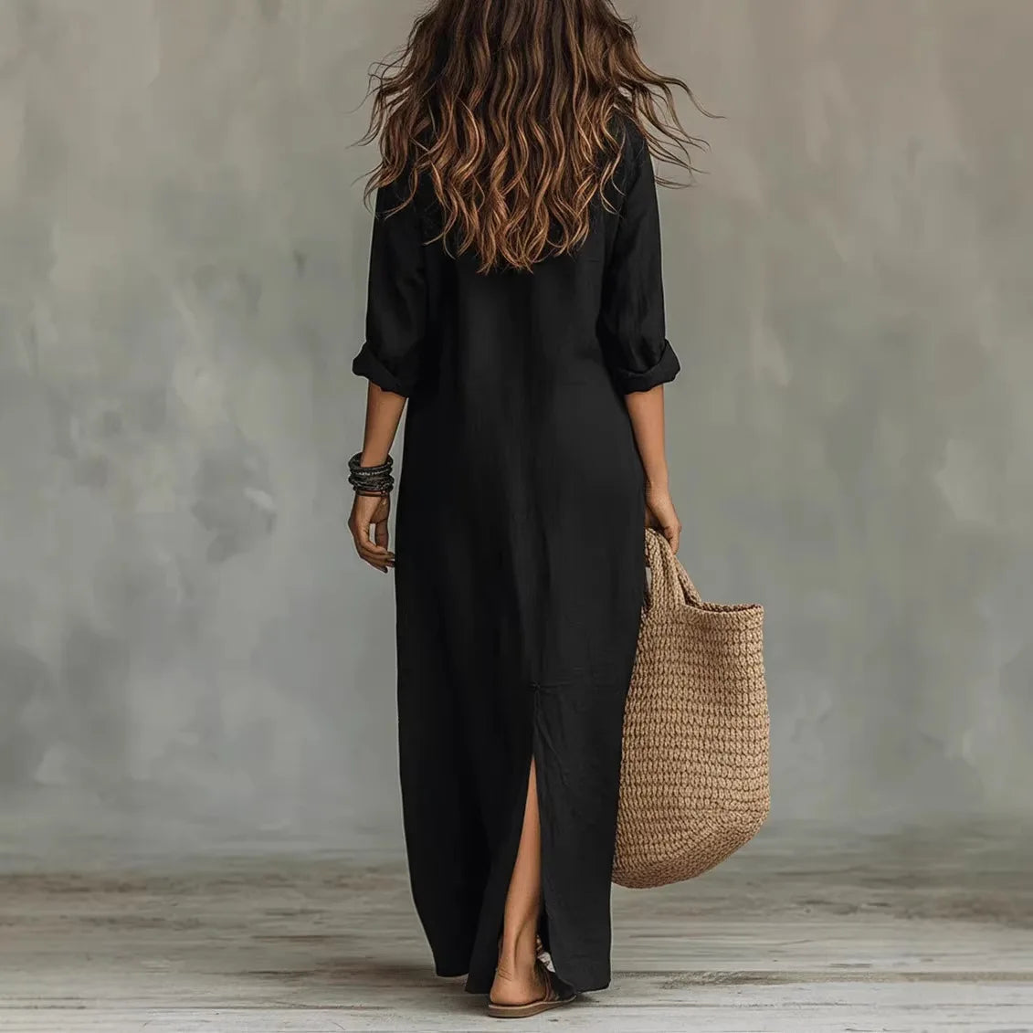 Damen Maxi-Hemdblusenkleid mit langen Ärmeln und Knopfleiste-Maxi Dress-Alpenkind