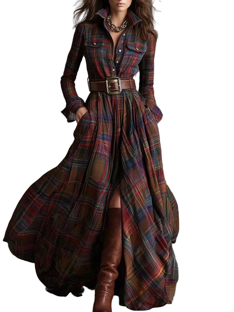 Damen Maxi-Hemdkleid im Karomuster mit Gürtel-Maxi Dress-Alpenkind