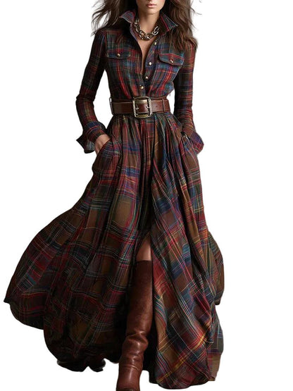 Damen Maxi-Hemdkleid im Karomuster mit Gürtel-Maxi Dress-Alpenkind