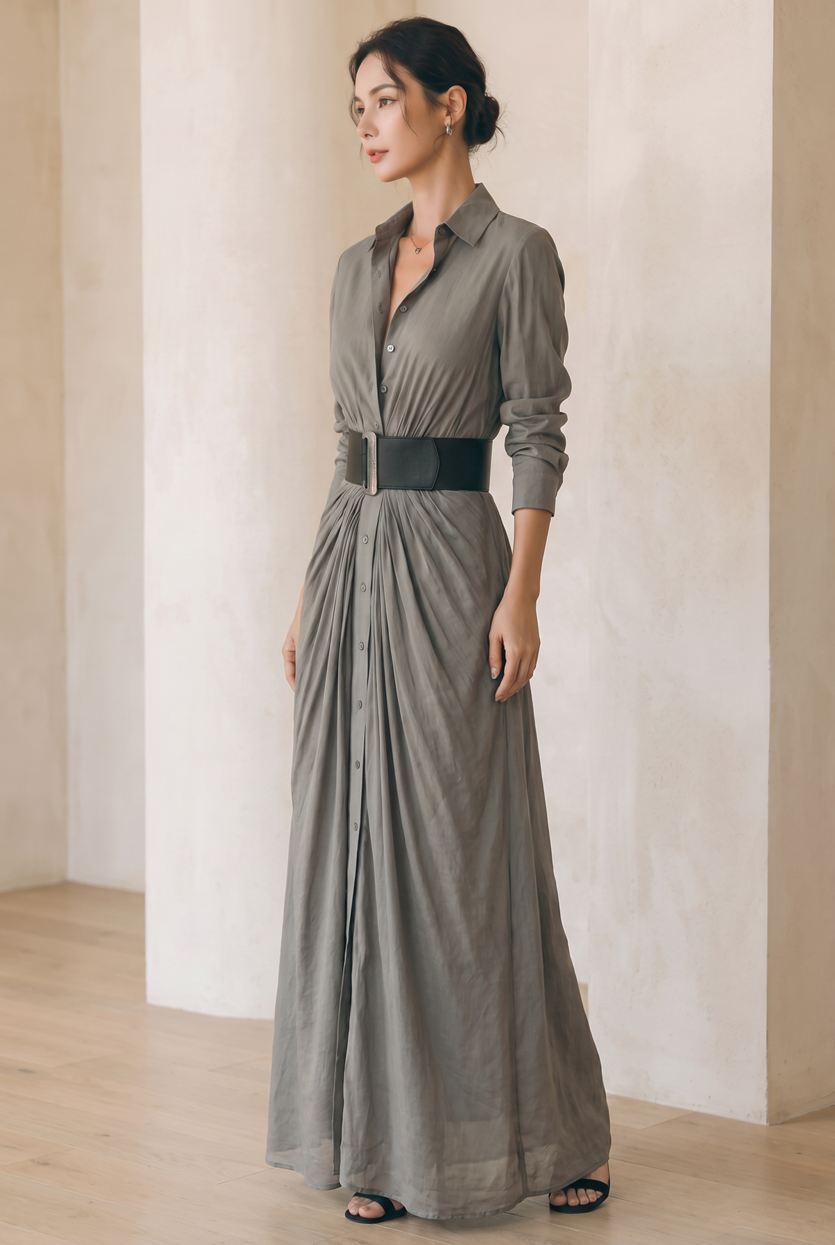 Damen-Maxi-Hemdkleid mit Reverskragen und langen Ärmeln-Maxi Dress-Alpenkind