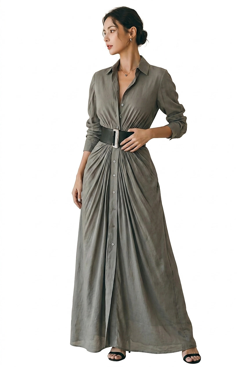 Damen-Maxi-Hemdkleid mit Reverskragen und langen Ärmeln-Maxi Dress-Alpenkind