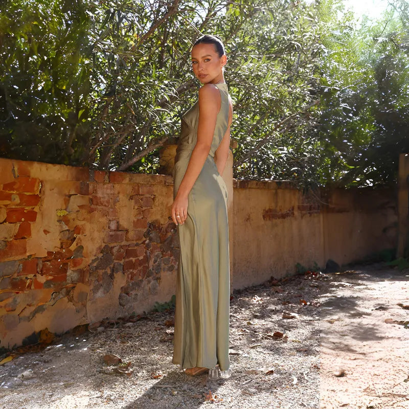 Damen Maxikleid mit asymmetrischem Ausschnitt und Seitenschlitz-Maxi Dress-Alpenkind