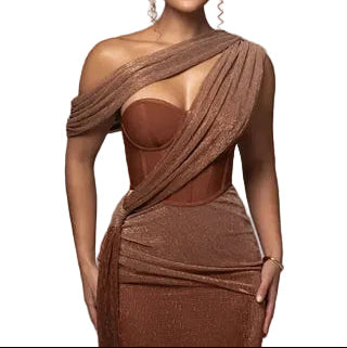 Damen Maxikleid mit asymmetrischem Schulterdesign und Drapierung-Maxi Dress-Alpenkind