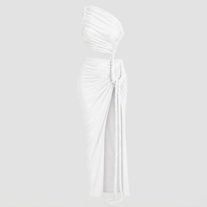 Damen-Maxikleid mit asymmetrischer Ein-Schulter-Form und Raffungen-Maxi Dress-Alpenkind