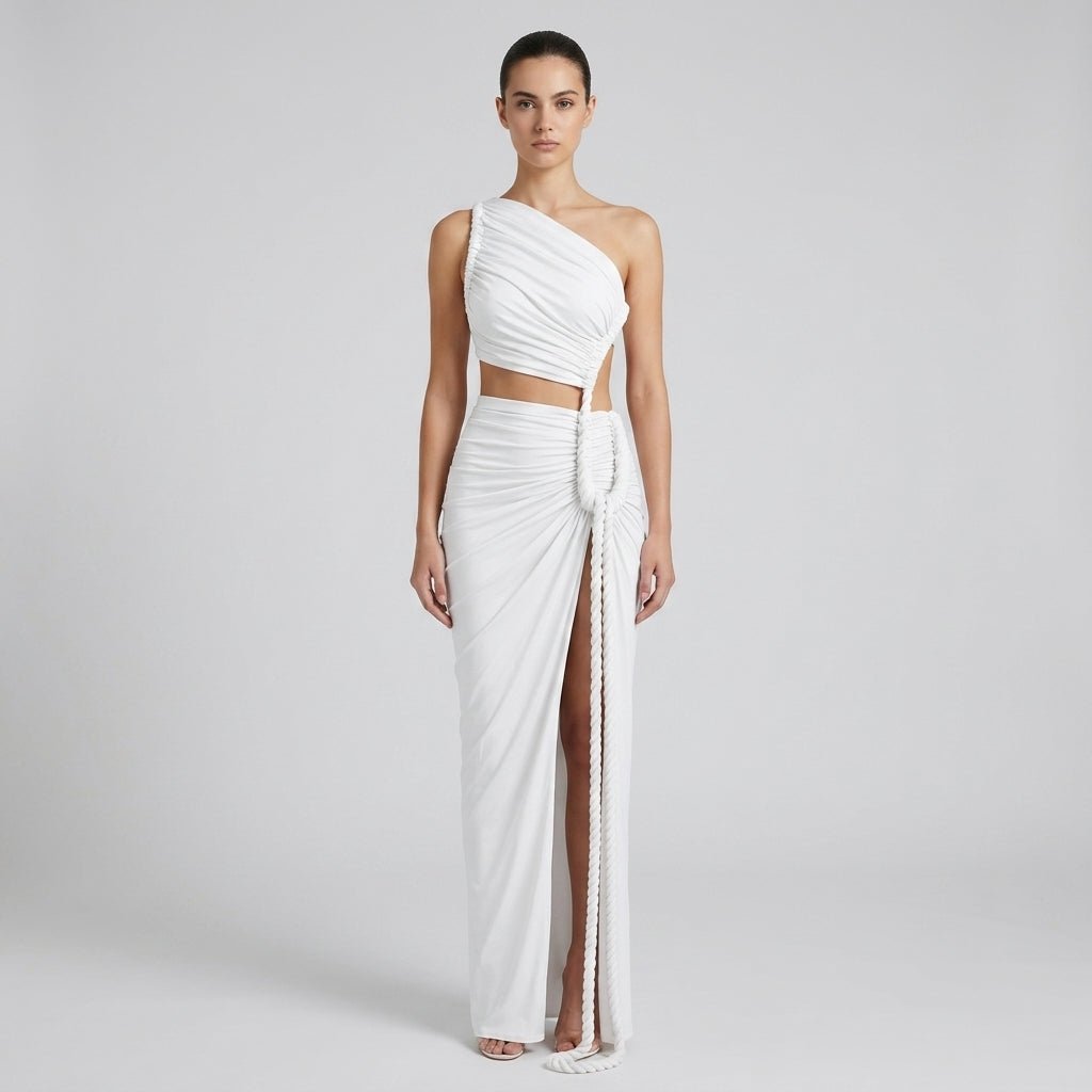 Damen-Maxikleid mit asymmetrischer Ein-Schulter-Form und Raffungen-Maxi Dress-Alpenkind