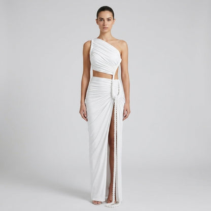 Damen-Maxikleid mit asymmetrischer Ein-Schulter-Form und Raffungen-Maxi Dress-Alpenkind