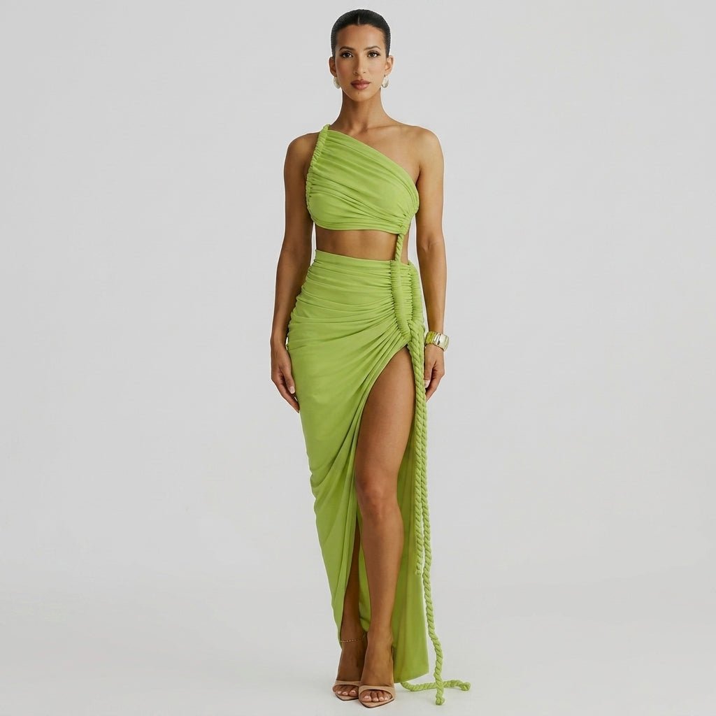 Damen-Maxikleid mit asymmetrischer Ein-Schulter-Form und Raffungen-Maxi Dress-Alpenkind