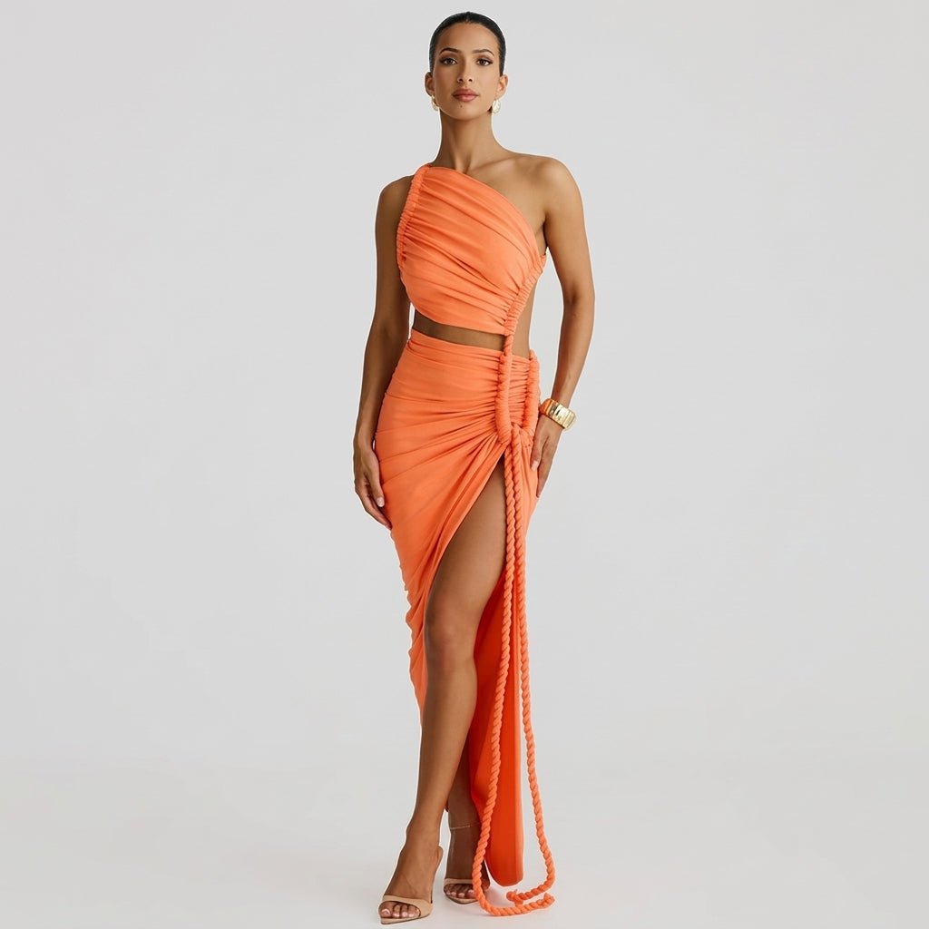 Damen-Maxikleid mit asymmetrischer Ein-Schulter-Form und Raffungen-Maxi Dress-Alpenkind